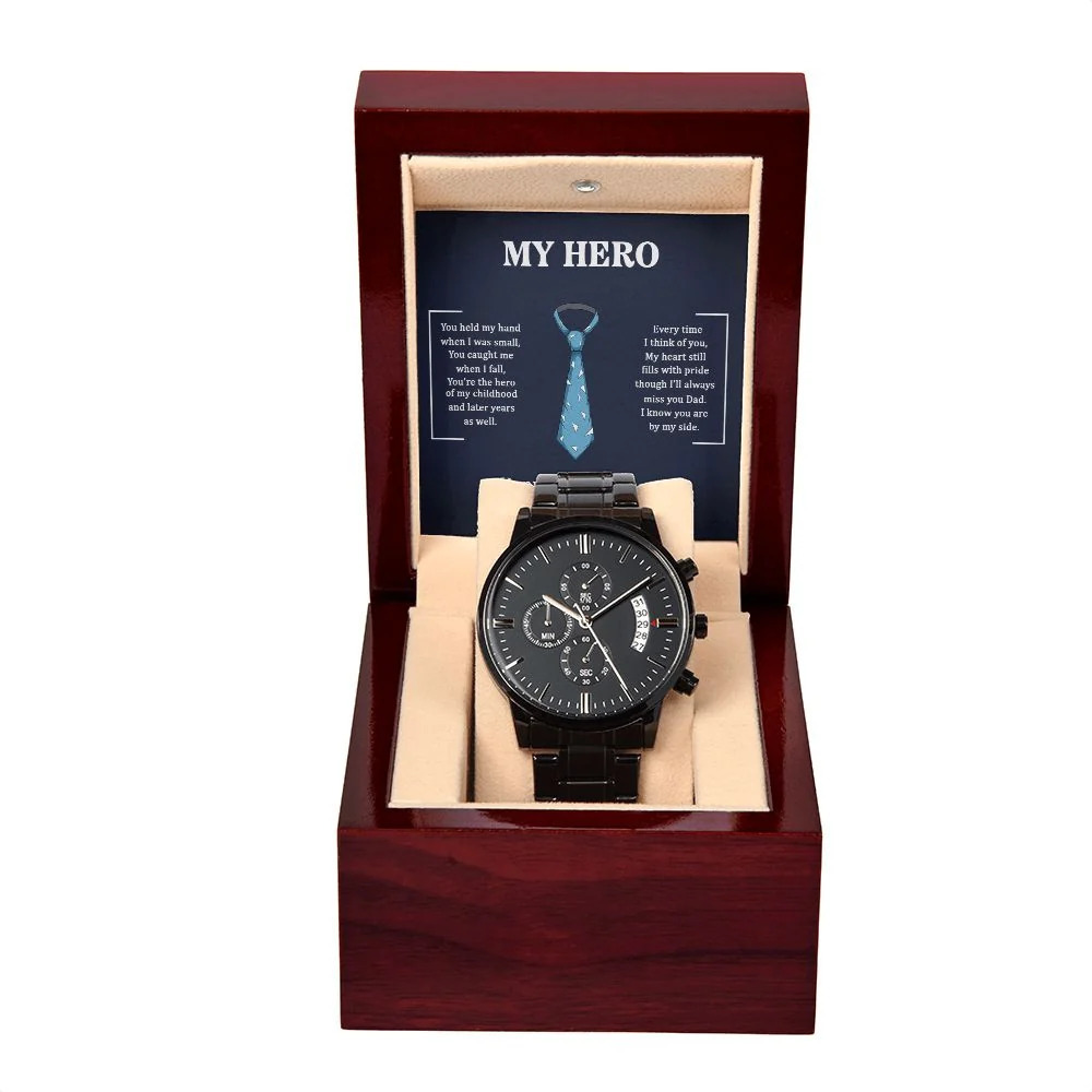 To My Dad My Hero Black Chronograph Watch Inspirational Message Card Luxury Box